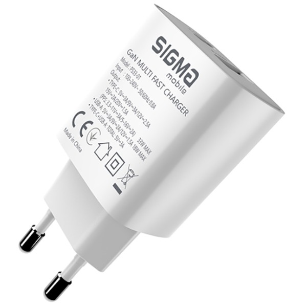 Фото - Мережевий зарядний пристрій Sigma mobile X-power 33W GaN, PD, QC (1xUSB-C + 1xUSB-A) White (PS33-01)